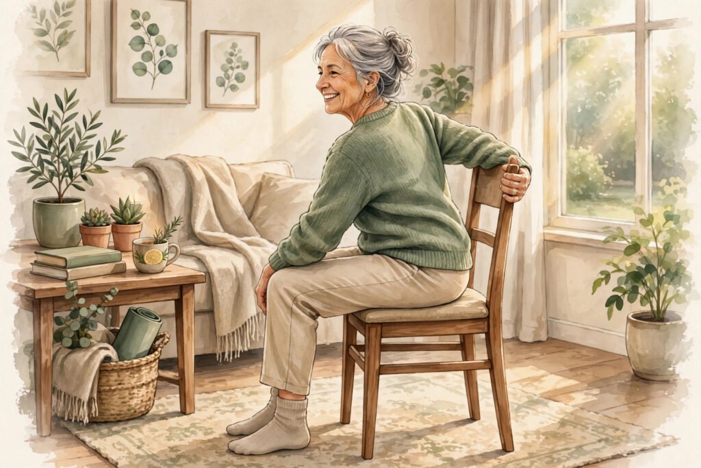 Senior woman doing a seated chair yoga twist at home